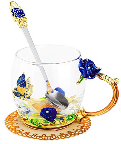 WD&CD Rose Butterfly Glass Tea Coffee Cups Mugs with Spoon and Coaster, Gifts for Her Girlfriend Wife Mum Women on Christmas Valentine's Day Mother's Day Anniversary, Blue Short
