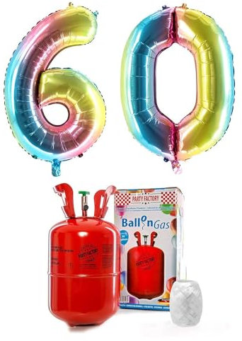 Party Factory – Helium Gasflasche 200L im Set mit XXL Zahlenballon 60 Regenbogen – Partydeko Ballongas Flasche mit Folienballon & 40 m weißer Ballonschnur – Einwegflaschen mit Knick-Füllventil