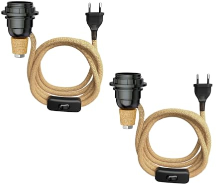 ledscom.de 2x lampada da tavolo in sughero FLAKO con interruttore e cavo tessile, canapa, beige naturale, 1x E27 max. 60W, senza bottiglia, senza lampadina