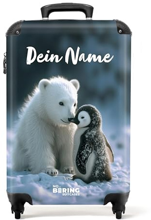 NoBoringSuitcases© Kinder Koffer, Koffer Personalisiert, Koffer Kinder, | 55x40x20 cm - Kinder Reisekoffer, Kindertrolley, Kinder Koffer mit Rollen, Trolley Handgepäck (Eisbär, Pinguin - Weiß)