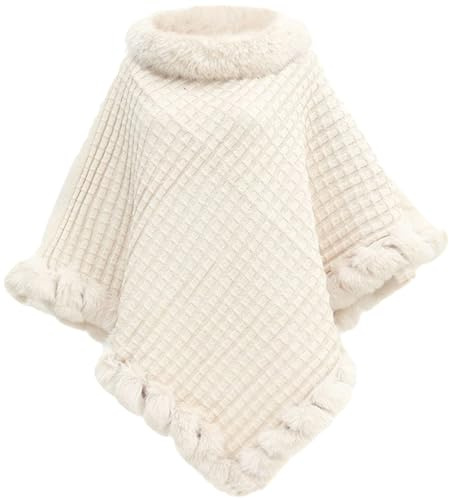 NLAND Poncho de Punto para Mujer Capa Invierno Térmica con Piel Sintética Cálido Elegante Chal con Cuello Redondo(Beige)