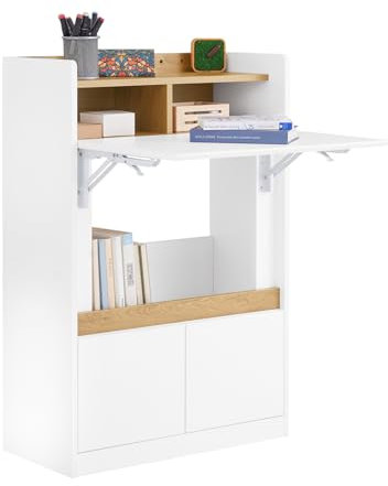 SoBuy Klappbarer Schreibtisch mit Ablagen und 2 Schubladen Gaming Tisch Kleiner Computertisch Arbeitstisch und Bürotisch für Homeoffice Weiß und Natur 63×93×67 cm FWT109-WN
