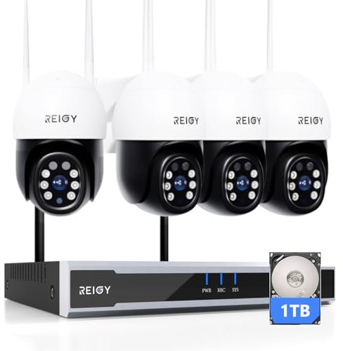 REIGY 5MP Kit Videosorveglianza Wifi Esterno con Visione Notturna a Colori e 1TB HDD, Sistema Sicurezza con 16CH NVR + 4x PT VideoCamera(2880 * 1620P), Telecamera Sorveglianza Audio Bidirezionale