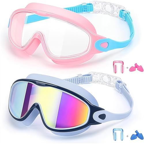 Cosmeria Diving Goggles Kids, 2 Piece Swimming Goggle Set with 2 Nose Clips and 2 Pairs of Ear Plugs, Anti-Fog, UV Protection, Ideal for Children and Teenagers
