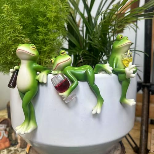 CHENRI 3PCS Sherum Vianys Pubyfun Tipsy Frog, Pots de Fleurs Suspendus Décoration Figurines Grenouilles avec Verre à vin, Statue de Grenouille en résine pour décorations de Jardin et de Balcon