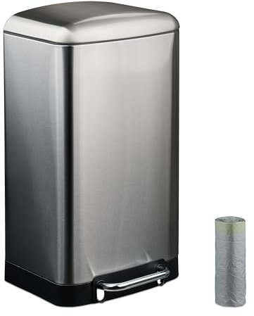 Relaxdays Cubo de Basura Cocina, 30 L, Antihuellas, Papelera Interior Extraíble, Pedal, Bolsas, Acero Inoxidable, Plata