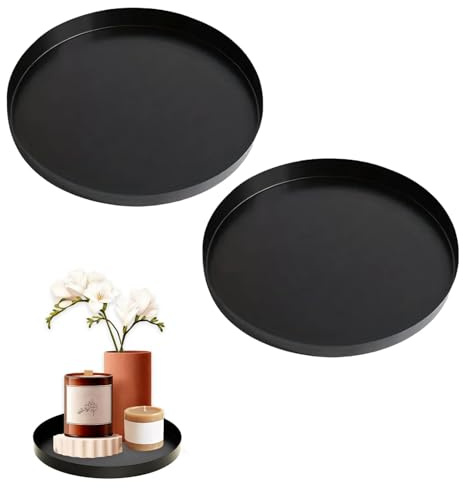 2pcs Black Round Trays Decorative, Black Decorative Tray, Candle Trays for Living Room, Perfume Coffee Table Decor Bathroom Tray Candle Plate Suitable for Vanity Coffee Table Decoration