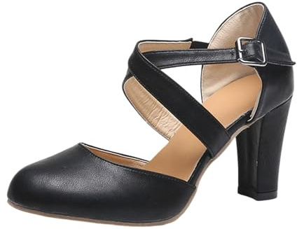 Zapatos de vestir de tacón bajo con puntera cerrada para mujer, correa al tobillo, tacones altos, gamuza satinada, para boda, invitados, eventos, vacaciones, Mary Jane, bloque para mujer, Black, 36 EU
