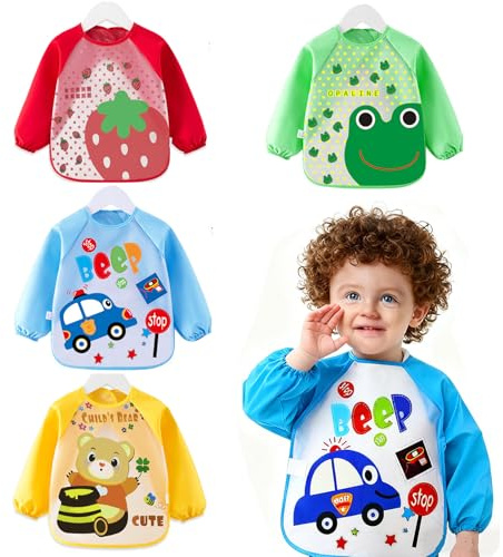 dellyy Babero Impermeable Bebe, 4 Piezas Babero con Mangas, Baberos Impermeables, Lavable, Adecuado para Niños 1 a 5 Años (4, B, Mediano)