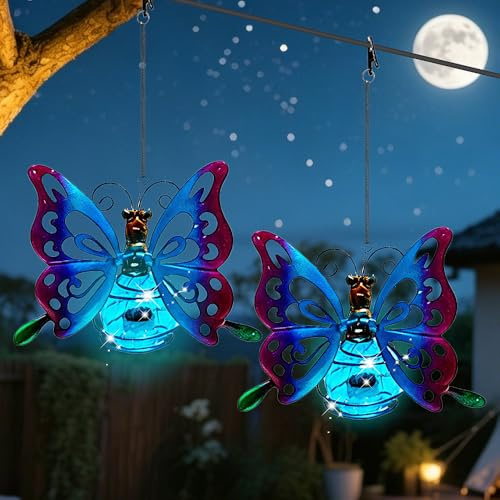 SKIKHN Schmetterling Solarleuchten, 2er-Pack Hängende Schmetterling Solarleuchten mit Clip-on, Solar Schmetterlinge für Außen, Wetterfest LED Deko Solarlampen für Garten,Terrasse, Balkon