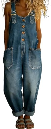 DOTBUY-SHOP Salopette Jeans Donna Estiva Lunga Stretch S–2XL Tuta Intera Casual Pantaloni Lunghi a Gamba Larga Vintage con Tasche e Spalline Regolabili Jumpsuit per Tempo Libero