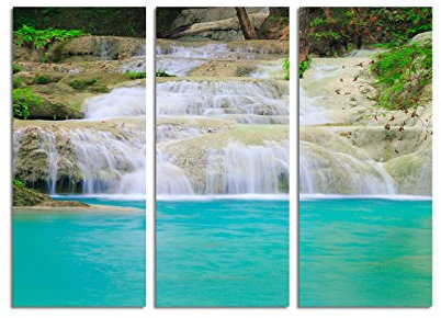 Paul Sinus Art 130x90cm – Keilrahmenbild Wasserfall Landschaft Thailand Nationalpark 3teiliges Wandbild auf Leinwand und Keilrahmen - Fotobild Kunstdruck Artprint