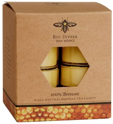 Big Dipper Wax Works 100% Pure Beeswax Tealight Candles – 16 Pack, Natural Unscented Tea Lights, Clean-Burning, Hand-Dipped, Lead-Free Cotton Wicks, Long-Lasting, Eco-Friendly
