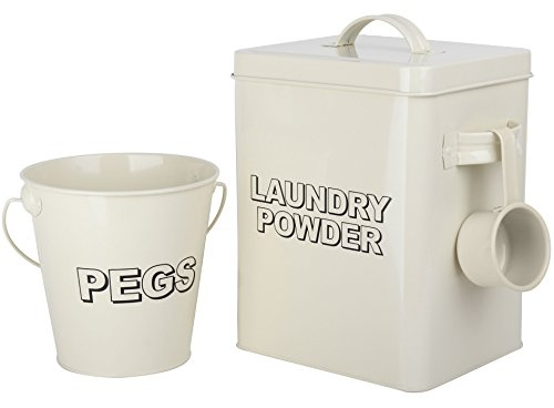 CrazyGadget® Vintage Classic Retro Laundry Washing Powder Metal Storage Box Container and Scoop with Peg Bucket Set - Cream