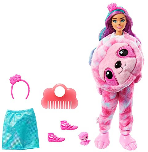 Barbie HJL59 - Cutie Reveal Puppe mit Faultier-Kostüm, Traumland Fantasie-Serie mit Farbwechsel-Effekt, 10 Überraschungen und Haustier, Spielzeug für Kinder ab 3 Jahren