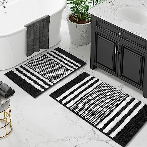 Tindbea Bathroom Rugs Set 2 Piece, Extra Soft and Absorbent Fluffy Striped Chenille Bath Mat Rug Set, Non Slip Bathroom Floor Mat, Machine Washable (20 x 32 Plus 16 x 24, Black)