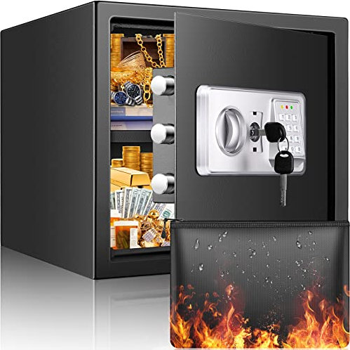 Safe Tresor Feuerfest mit Feuerfester Wasserdichter Geldtasche, 34L Digitaler Heimtresor mit Herausnehmbares Regal und Alarmanlage, Wandtresor Möbeltresor für Schmuck Bargeld Medikamente A4 Dokumente