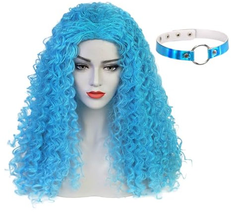 TOMIGO Lange Locken Blau Perücke mit blaue Spange für Frauen Mädchen Cosplay Kostüm (Blau)
