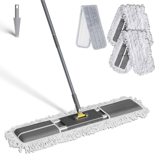 Eukue Balai Serpillère Professionnel, 90cm Grande Serpillère en Microfibre avec 3 Tampons, Balais à Plat Serpillere Coton avec Manche INOX, Balais Nettoyer Sol pour Bureau, Garage, Entrepôt