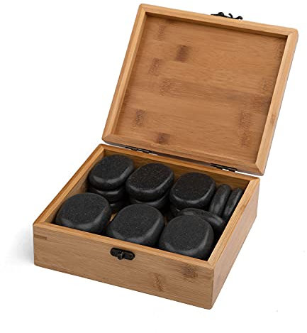 WellTouch Hot Stone Massage Steine Set | 18 Steine | Heiße Massagesteine aus Basalt | Mit dekorativer Bambuskiste | Wellness Wärme-Behandlung | Massagetherapie