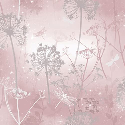 Arthouse Damselflies Pink & Silver Grey Blush Sparkling Wallpaper - Encased Glitter Gel Highlights Catch The Light - Subtly Sparkling Glamour - Delicate Botanical Motifs - Magical Effect - 692305