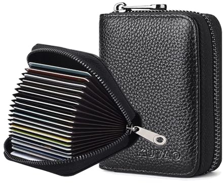 KUVAO RFID Blocking, Leather Credit Card Holder Zipper Wallet With 20 Card Slots, Small Card Case for Women or Men Accordion Wallet with Zipper (Black)
