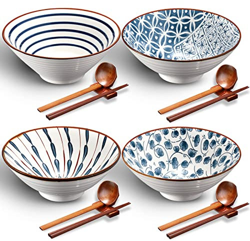 Zopeal Ceramic Ramen Bowl Set of 4 40 Ounce Japanese Large Ramen Bowls with Chopsticks and Spoons and Racks Ceramic Asian Soup Bowl Stand for Udon Soba Pho Asian Noodles Soup Salad Pasta
