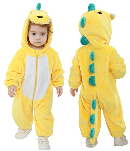 Doladola Baby pojkar flickor tecknat djur onesies med huva spädbarn pyjamas sparkdräkt(0-3 månader,gul dinosaurie)