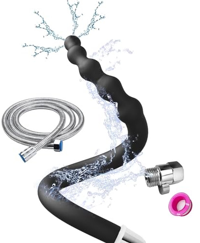 JIELUO Shower Enema Douche Nozzles , 4 Holes Water Spray Comfortable Silicone Nozzles Enema Attachment, Reusable Shower Enema Hose with on/off control valve and shower hose, Black