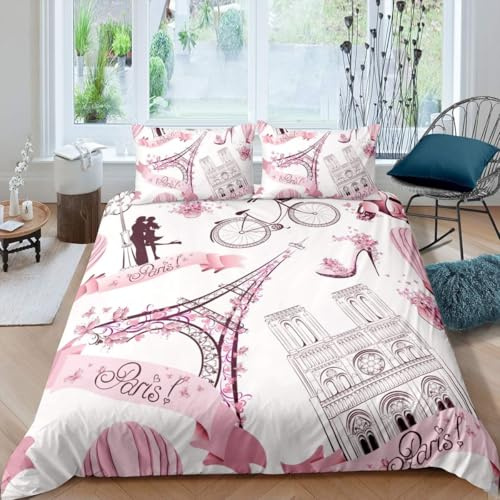 Homemissing Torre Eiffel Ragazza Moda Romantica Parigi Tema Copripiumini Coppia Camera da letto Decorazione Moderna Francese Paesaggio Urbano Microfibra Retro Rosa Set Set Copripiumino 230x220cm