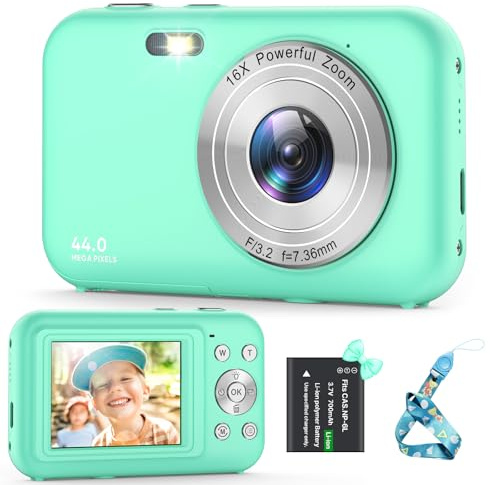 Digitalkamera, Kamera Fotokamera 44MP 1080P HD, Kinderkamera mit 16X Digitalzoom Kompaktkamera, Wiederaufladbare Fotoapparat mit 1 Akku, Kamera für Kinder, Teenager, Anfänger(Grün)