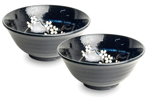 Japan-skålar ASIATICA | Ramenskål porslinskålar 15 cm | högkvalitativ asiatisk skål för ris, nudlar, tapas, Udon, müsli – soppskål med japansk design (set om 2 anemon blå)