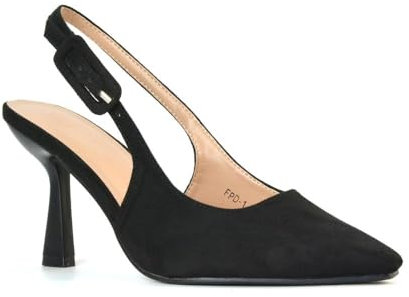 Women's Heeled Court Shoes Ladies Stiletto Mid High Heel Black Faux Suede Classic Slingback Cloesed Toe Pumps Size 5