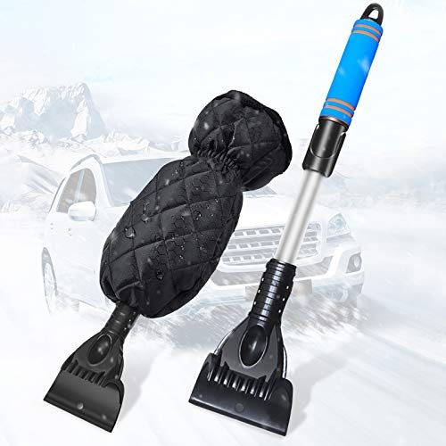 VXKAJESAE Ice Scraper Gloves, Adjustable Length Windshield Snow Scraper, Detachable Snow Shovel with Waterproof Snow Remover Glove Lined of Thick Fleece Black for Car Auto Truck SUV,Blue(Black)