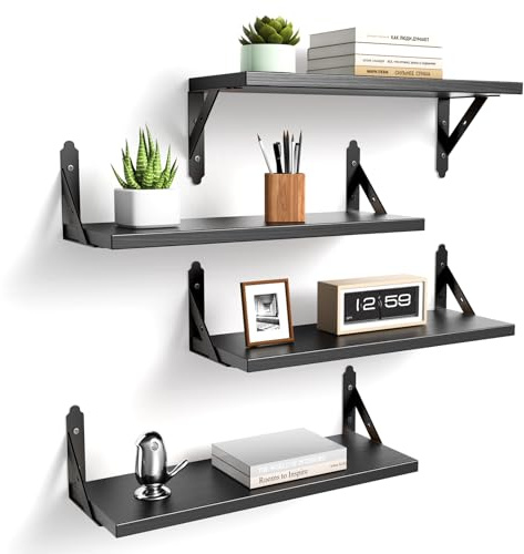 ROMGUAR CRAFT Wood Floating Shelves Set of 4, Rustic Storage Decor Wall Shelves, Wall Mounted Shelf for Living Room, Bedroom 17 x 6, Black