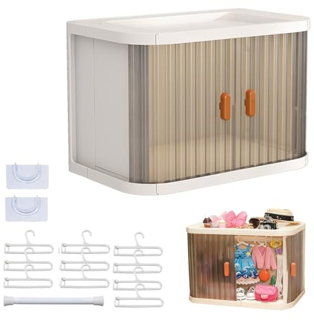 Armadio per Bambole, Guardaroba per Bambole Vestiti per Bambole da 17 cm, Armadio per Bambole con Appendiabiti e Asta, Pieghevole Scatola Guardaroba con Copertura Antipolvere e Ripiano Espositivo