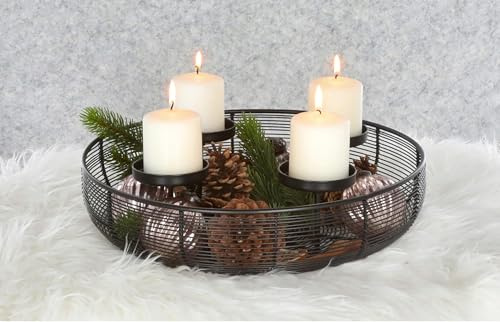 mucHome Adventskranz aus Metall Schwarz Kerzenhalter zum befüllen für 4 Kerzen Adventsgesteck Advents Kranz Gestell Adventskerzenhalter Schale für Stumpenkerzen Kerzenständer Tisch (Rund 37x10cm)