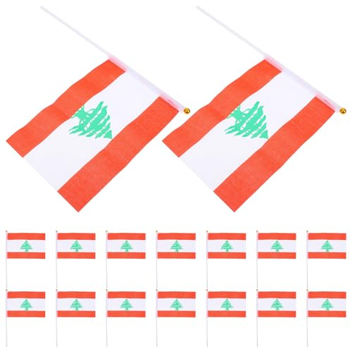 SHINEOFI Lot de 20 Mini Drapeaux Libanais en Polyester 15X10 CM avec Hampe Ronde, Drapeaux Nationaux du Liban pour Décoration Extérieure, Événements Sportifs et Fêtes Patriotiques