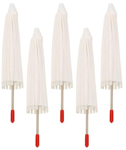 SKISUNO Parasol Chino de Papel Blanco para Protección Solar Diseño Tradicional Oriental, 5 Piezas de Sombrillas Japonesas de Bambú para Fiestas y Sesiones de Fotografía