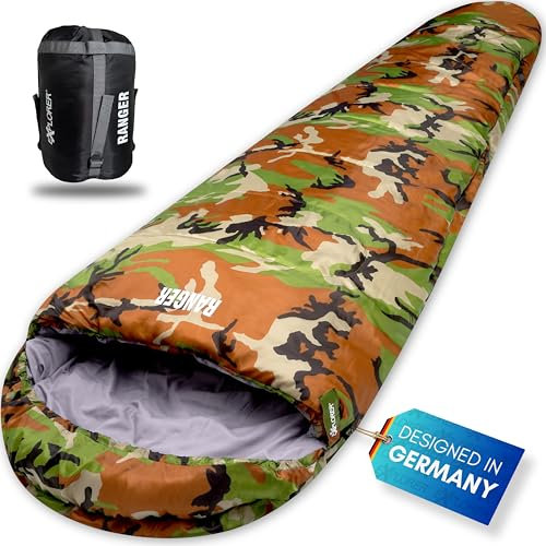 Explorer® Ranger Schlafsack -18°C +3°C [350GSM] 3-4 Jahreszeiten Winter Camouflage Mumienschlafsack Erwachsene[1950g] 230x80x55cm ideal für Outdoor, Camping, Trekking und Reisen
