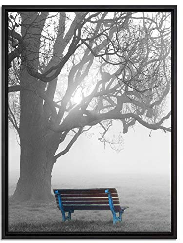 Pixxprint Einsame Bank im Nebel schwarz, weiß Leinwandbild 80x60 cm im Bilderahmen, Wandbild, Schattenfugenrahmen, Kein Poster