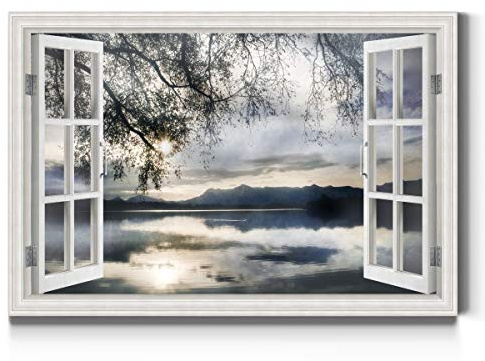 Renditions Gallery Canvas Nature Wall Art Home Paintings & Prints Serene Mountain Lake Reflection Modern Winter Window View Wall Hanging Decorations for Bedroom Office Kitchen - 18x27 LT21