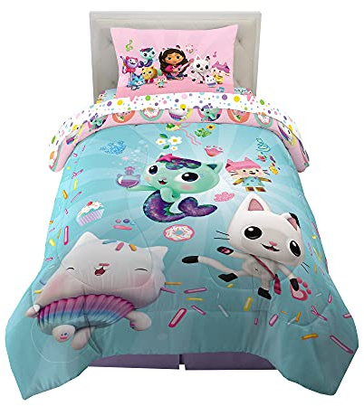 DreamWorks Gabby's Dollhouse Cakey, MerCat And Pandy Kids Bedding Super Soft Comforter And Sheet Set, 4 Piece Twin Size, By Franco