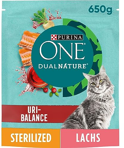 PURINA ONE Dual Nature für kastrierte Katzen mit Cranberry, 6 x 650g | Katzenfutter trocken, reich an Lachs