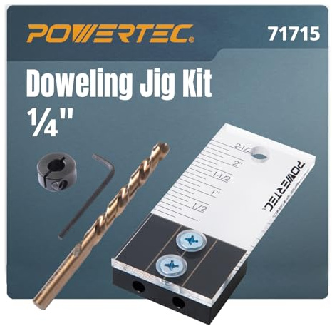 POWERTEC 71715 Dowel Drilling Jig with Depth Scale, Laser Cut Alignment Marker, Cobalt M-35 Drill Bit and Split Ring Stop Collar, 1/4-inch