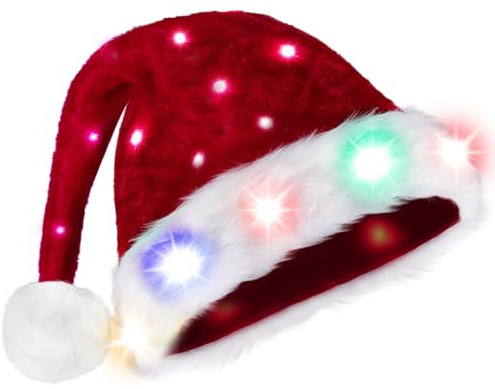 Giggling Getup Adult Light-up Santa Hat with Pom Poms, Christmas Hat as Gift with Colorful Lights for Men and Women