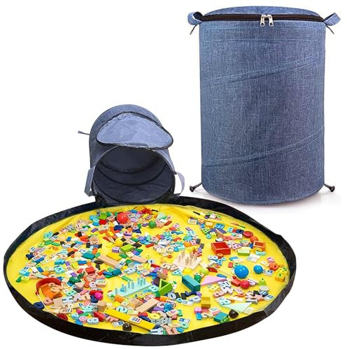Modojuny Aufbewahrungstasche für Kinderspielzeug mit Spielmatte und Reißverschluss, Aufräumsack/Organizer für Bauklötze, Autos, Puppen und anderes Spielzeug - Blau