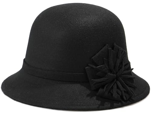 MESU Femmes Feutre Cape Cap Floral Fedora Cape Cap années 1920 Bowling Vintage Noir