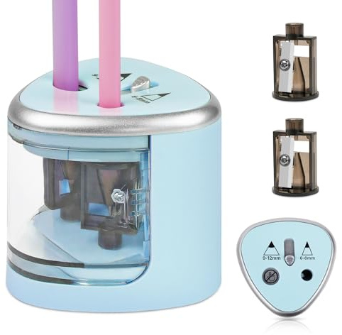 AUAUY Sacapuntas Electrico, Azul Sacapuntas con Doble Orificio, Sacapuntas con Deposito AutomáTico A Pilas con 2 Portacuchillas Adicionales para 6-8 mm/9-12 mm LáPices para Doméstico y Escolar