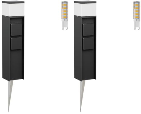 ledscom.de 2x Pollerleuchte PODEL mit Erdspieß für außen, 39cm, schwarz, 2 Steckdosen, inkl. G9 Leuchtmittel, 501lm, warmweiß